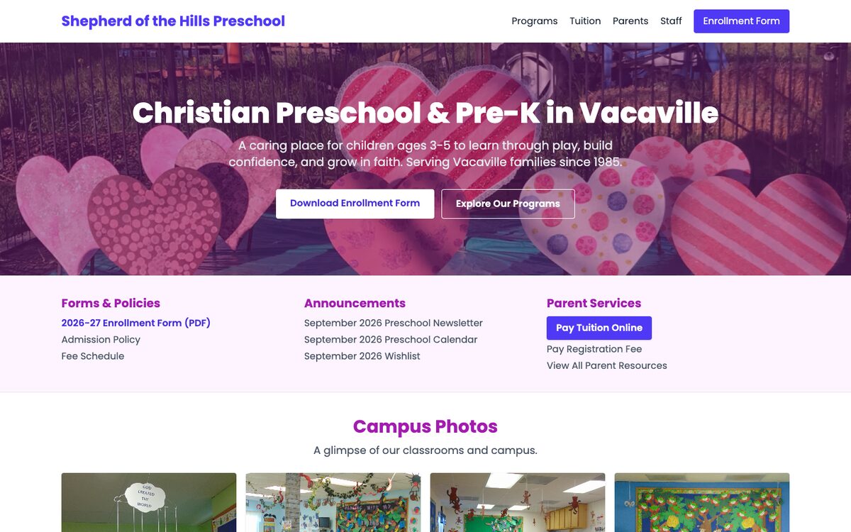 Screenshot of Shepherd of the Hills Preschool - Vacaville, CA